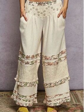 New!! POL Cream Wide-Leg Crochet & Floral Trim Boho Pants